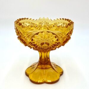 Vintage Kemple Wheaton Hobstar Sawtooth Amber Glass Pedestal Compote Candy Dish